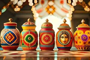 a row of colorful painted pots on a table. AI-Generated photo