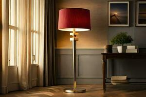 a modern lamp with a red shade on it. AI-Generated photo