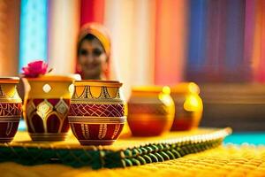 el novia y novio son sentado en un mesa con vistoso tazas. generado por ai foto