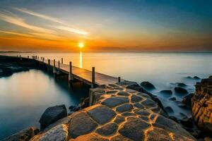 a pier in the ocean at sunset. AI-Generated photo