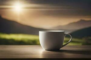 coffee cup on wooden table with mountains in the background. AI-Generated photo