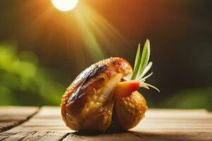 a chicken on a wooden table with the sun shining. AI-Generated photo