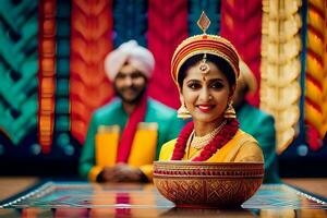 un mujer en tradicional indio atuendo es sonriente. generado por ai foto