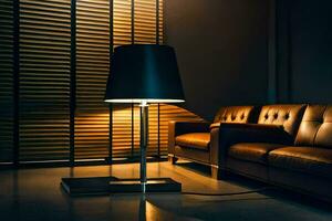 a black lamp is sitting on a table in front of a couch. AI-Generated photo