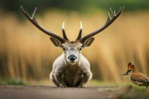 a deer with big horns standing next to a bird. AI-Generated photo