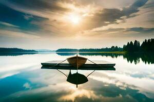 a boat sits on a dock in the middle of a lake. AI-Generated photo