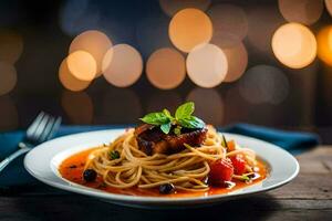 spaghetti with tomato sauce and meat on a plate. AI-Generated photo