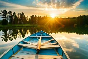 a rowboat is sitting on the water at sunset. AI-Generated photo