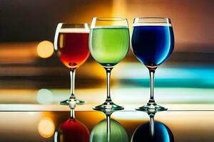 three glasses of colored drinks on a table. AI-Generated photo