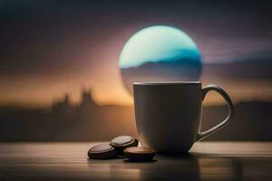 a cup of coffee and a chocolate bar on a table. AI-Generated photo
