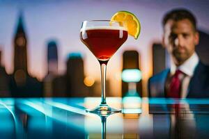 a man in a suit and tie sits at a bar with a drink. AI-Generated photo