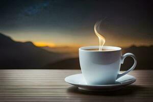 a cup of coffee on a table in front of a mountain. AI-Generated photo