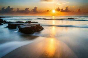 the sun rises over the ocean and rocks on the beach. AI-Generated photo