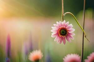 a pink flower is standing in the middle of a field. AI-Generated photo