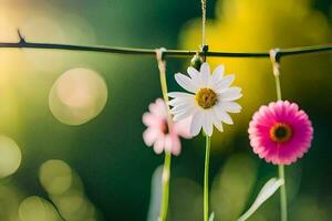 three daisies hanging from a wire. AI-Generated photo