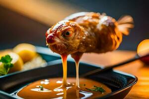 un pollo es siendo sumergido dentro un salsa. generado por ai foto