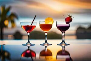 three glasses of cocktails with fruit and a sunset in the background. AI-Generated photo