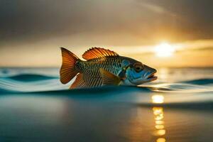 un pescado nadando en el Oceano a puesta de sol. generado por ai foto