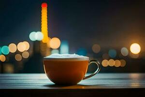 a cup of coffee on a wooden table in front of a cityscape. AI-Generated photo