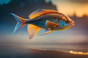 un pescado es volador terminado el agua a puesta de sol. generado por ai foto