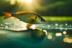 un pescado es en pie en el agua con luz de sol brillante. generado por ai foto