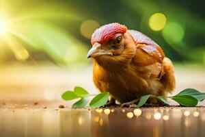 un pequeño pollo con hojas en el suelo. generado por ai foto