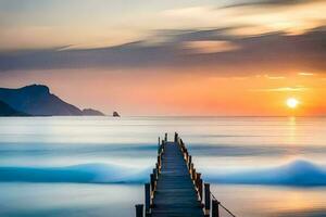 a long exposure photograph of a pier in the ocean. AI-Generated photo