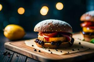 two hamburgers on a wooden cutting board with a lemon. AI-Generated photo