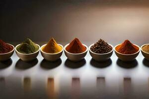 a row of bowls with different colored spices. AI-Generated photo