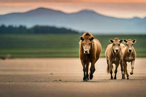 three horses walking across a field at sunset. AI-Generated photo