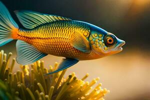un pescado con brillante azul y amarillo colores. generado por ai foto