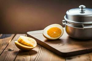 a silver pot with a half orange on a wooden cutting board. AI-Generated photo