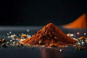 a pile of spices on a black background. AI-Generated photo
