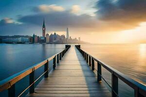 a pier stretching into the ocean with a city skyline in the background. AI-Generated photo