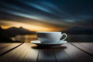 café taza en el mesa, montañas, lago, atardecer, hd fondo de pantalla. generado por ai foto