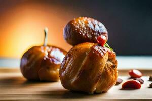 dos relleno manzanas en un de madera tablero. generado por ai foto