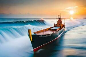 un barco de viaje mediante el Oceano a puesta de sol. generado por ai foto