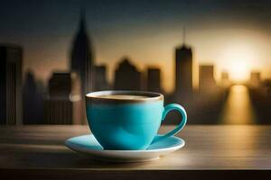 coffee cup with cityscape in the background. AI-Generated photo