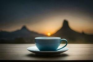 a cup of coffee on a table in front of a mountain. AI-Generated photo