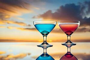 two glasses of colorful cocktail on a table with sunset in the background. AI-Generated photo