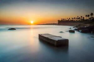 un largo exposición fotografía de un muelle en el océano. generado por ai foto