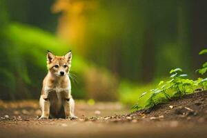 a fox sitting on the ground in the woods. AI-Generated photo