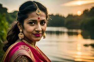 a beautiful indian woman in a sari poses for a portrait. AI-Generated photo