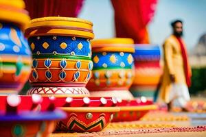 colorful pots on a table with a man standing in front of them. AI-Generated photo
