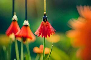 red flowers hanging from a string in a garden. AI-Generated photo