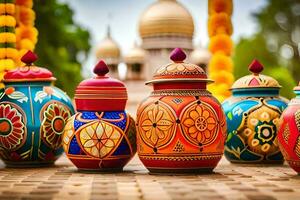 a group of colorful pots sitting on a wooden table. AI-Generated photo