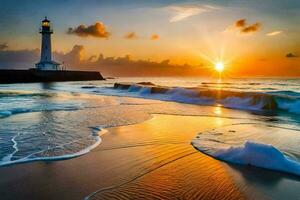 the sun rises over the ocean and waves crash into the shore. AI-Generated photo