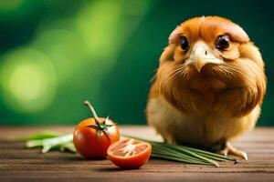 a chicken with a tomato on a wooden table. AI-Generated photo