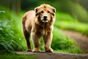 un león caminando en un suciedad la carretera en el bosque. generado por ai foto