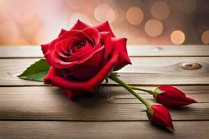 a single red rose is placed on a wooden table with a bokeh background. AI-Generated photo